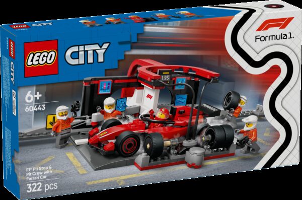 LEGO City F1®-varikkopysähdys ja varikkomiehistö sekä Ferrari-auto